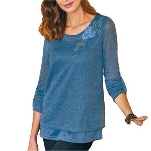 Soft Surroundings NWOT 3X Tunic Sweater Round Neck Florets Beaded Top Blouse